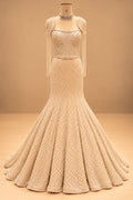Premium Champagne Gold Pearl Embellished Mermaid Gown with Floral Bodice and Beaded Tassel Detailing – product image 2