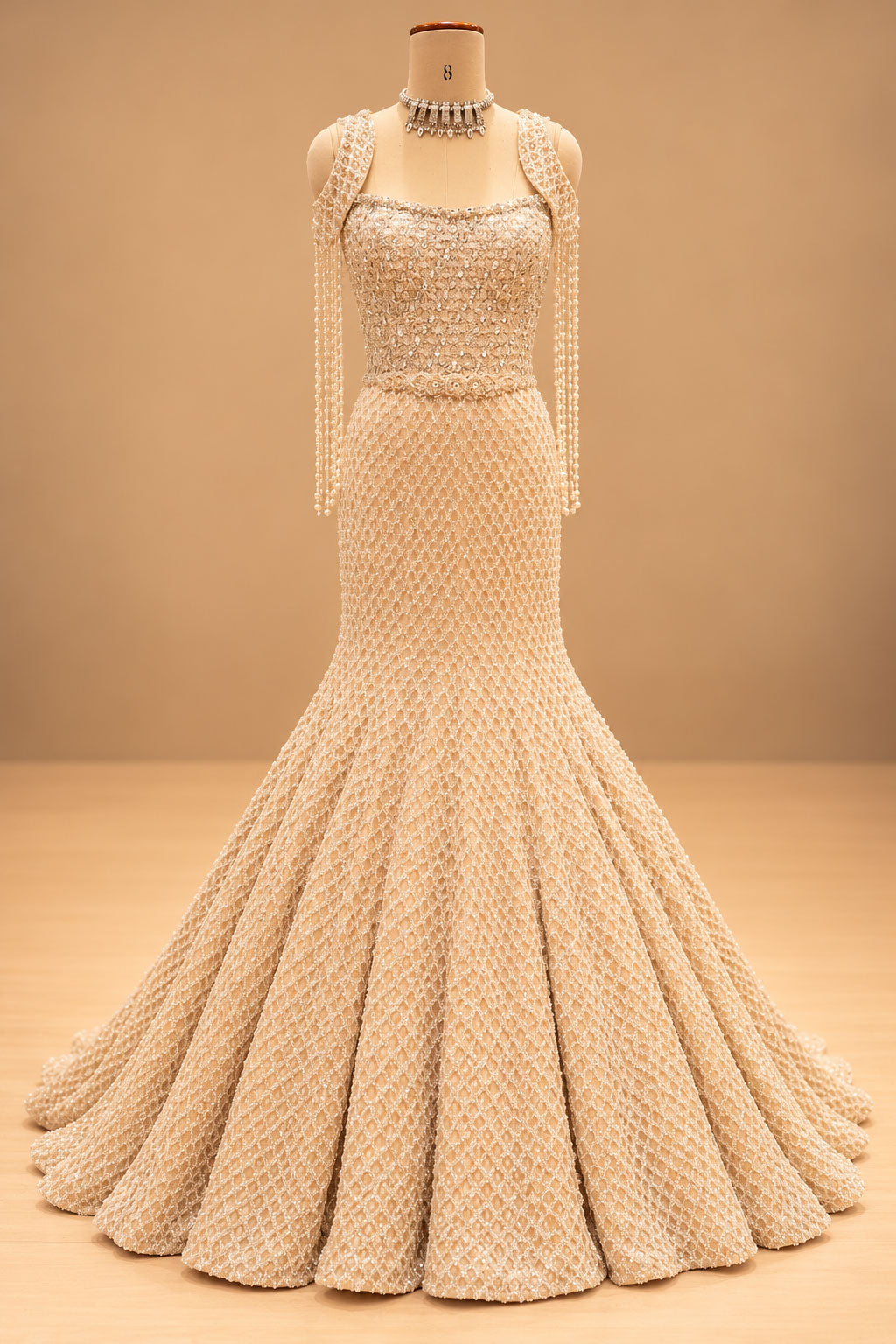 Premium Champagne Gold Pearl Embellished Mermaid Gown with Floral Bodice and Beaded Tassel Detailing – product image 2