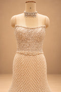 Premium Champagne Gold Pearl Embellished Mermaid Gown with Floral Bodice and Beaded Tassel Detailing – product image 3