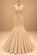 Premium Champagne Gold Pearl Embellished Mermaid Gown with Floral Bodice and Beaded Tassel Detailing – product image 4