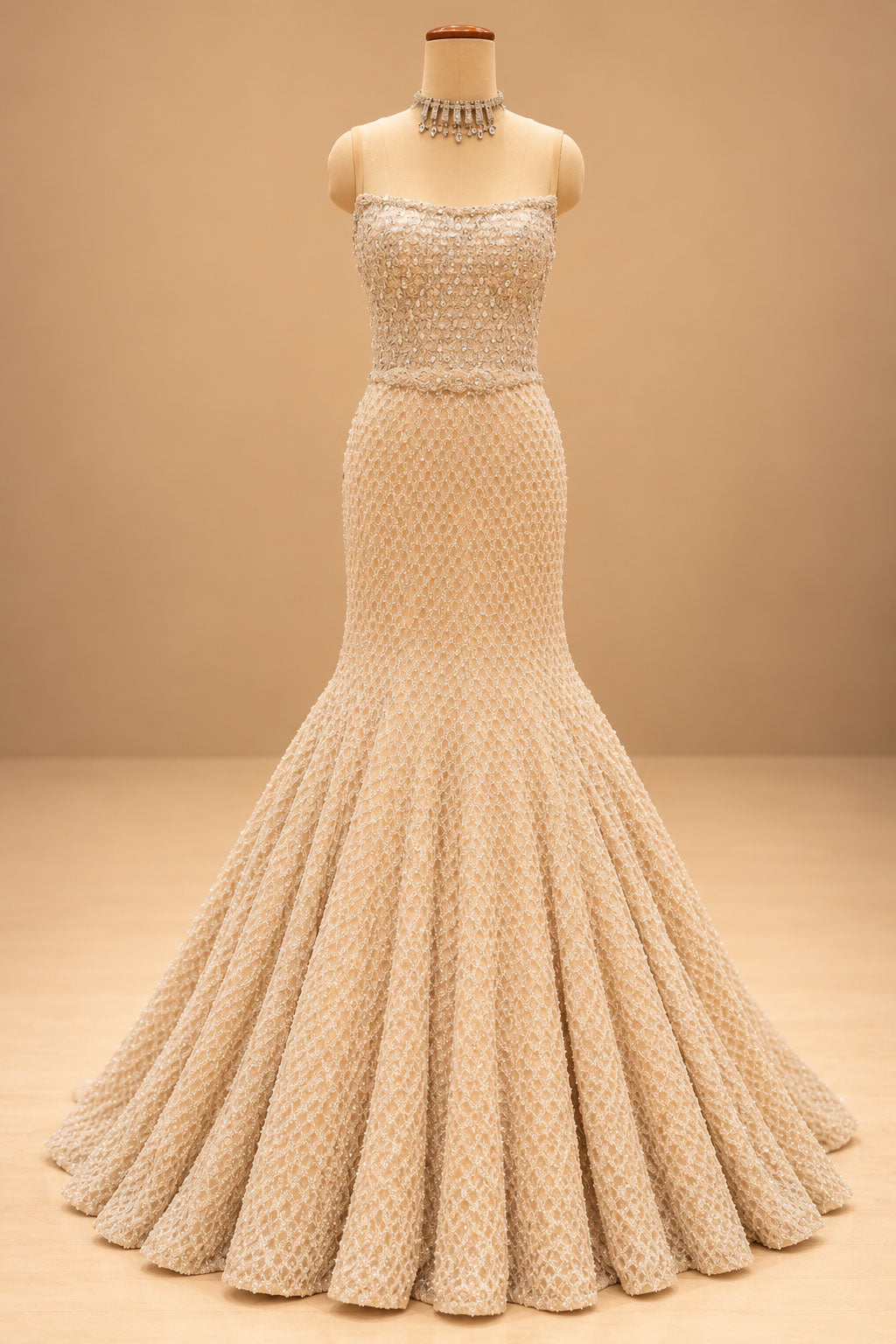 Premium Champagne Gold Pearl Embellished Mermaid Gown with Floral Bodice and Beaded Tassel Detailing – product image 4