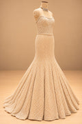Premium Champagne Gold Pearl Embellished Mermaid Gown with Floral Bodice and Beaded Tassel Detailing – product image 5