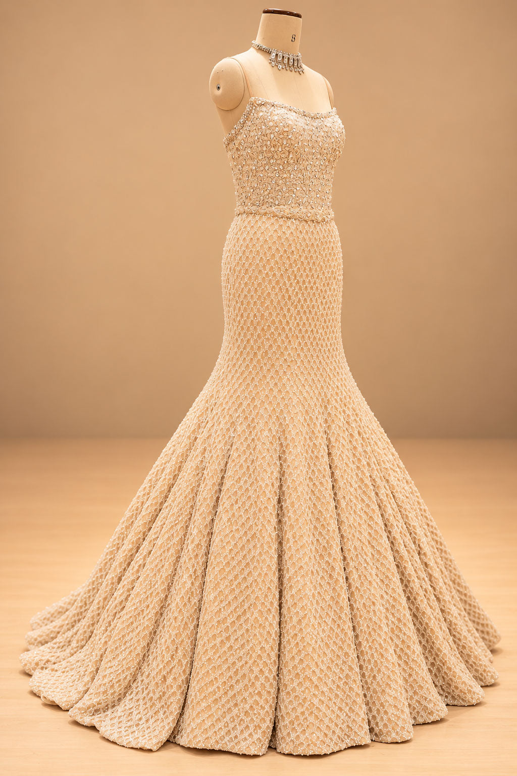 Premium Champagne Gold Pearl Embellished Mermaid Gown with Floral Bodice and Beaded Tassel Detailing – product image 5