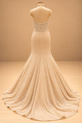 Premium Champagne Gold Pearl Embellished Mermaid Gown with Floral Bodice and Beaded Tassel Detailing – product image 6