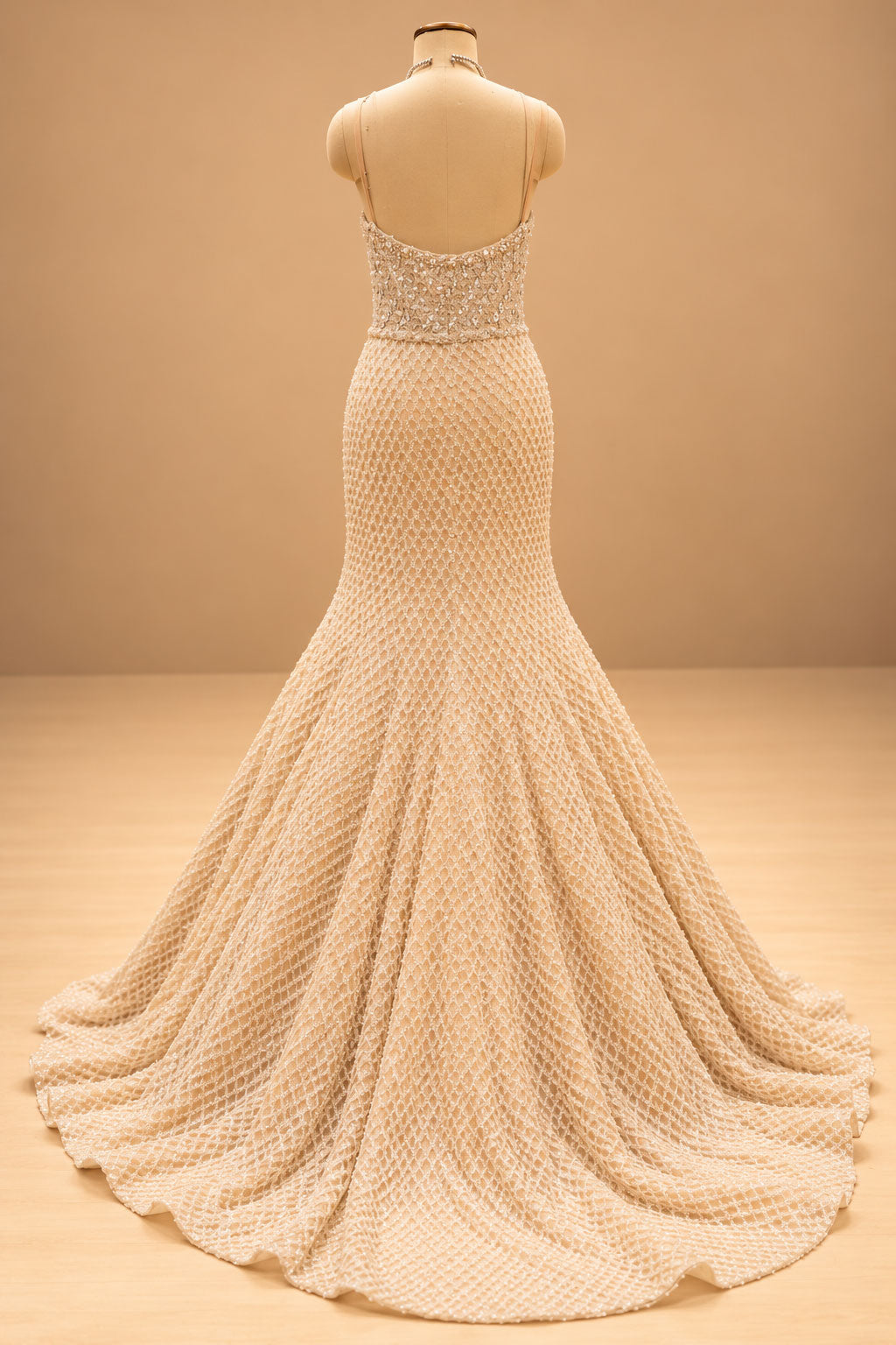 Premium Champagne Gold Pearl Embellished Mermaid Gown with Floral Bodice and Beaded Tassel Detailing – product image 6