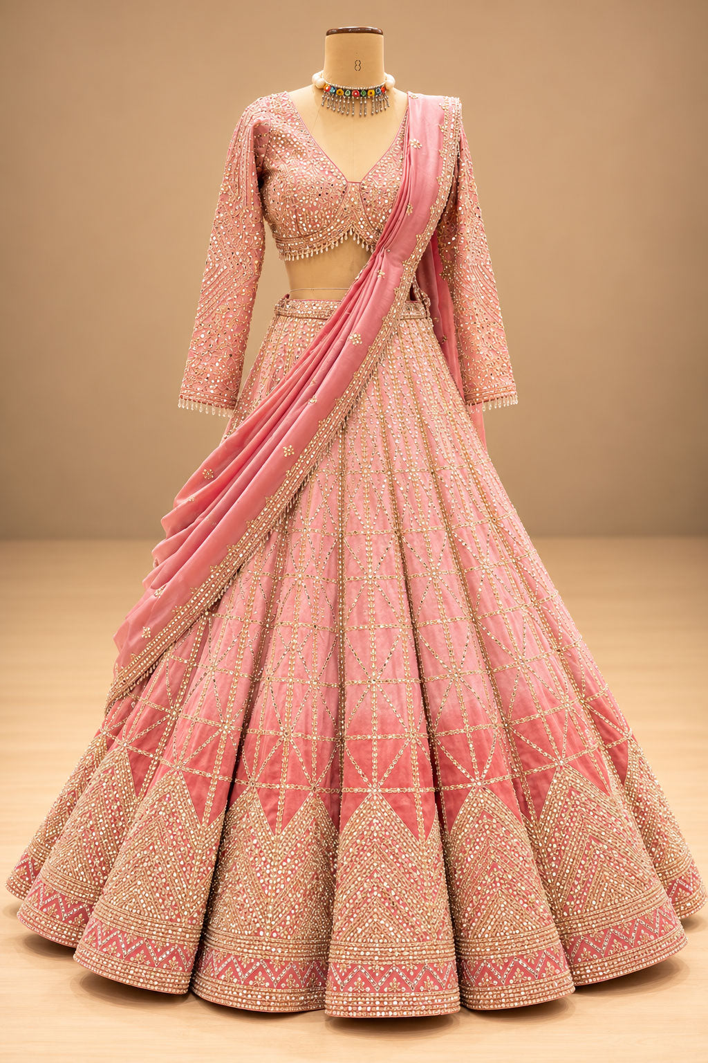Premium Dusty Rose Pink Bridal Lehenga with Gold Geometric Embroidery and Embellished Dupatta – product image 3