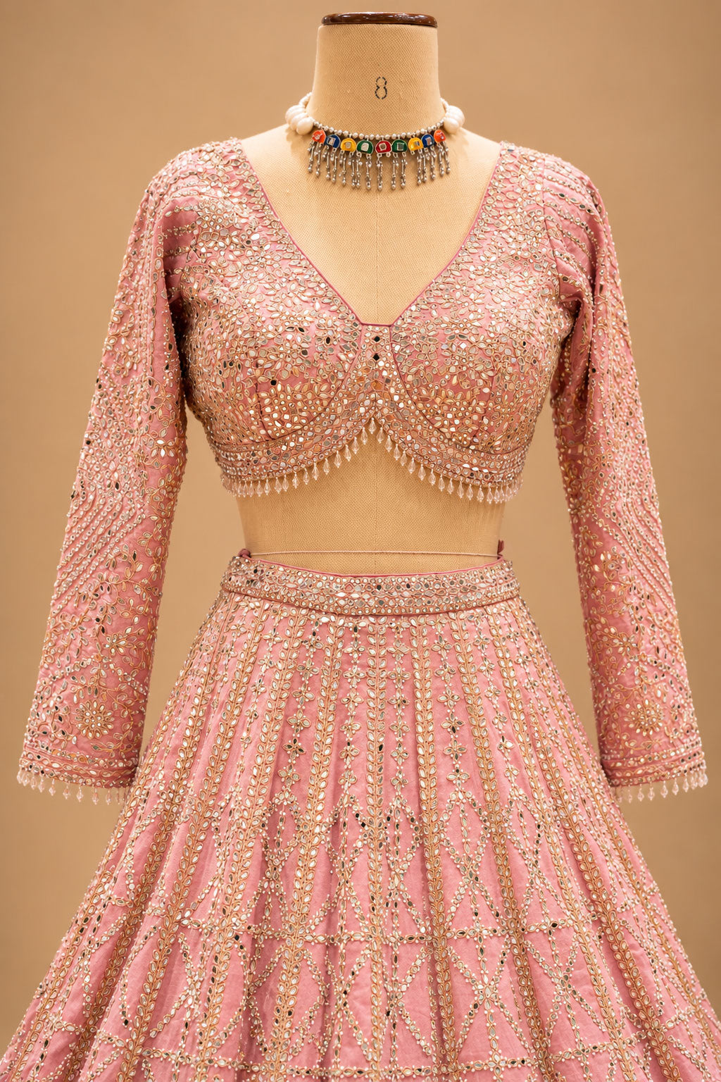 Premium Dusty Rose Pink Bridal Lehenga with Gold Geometric Embroidery and Embellished Dupatta – product image 4