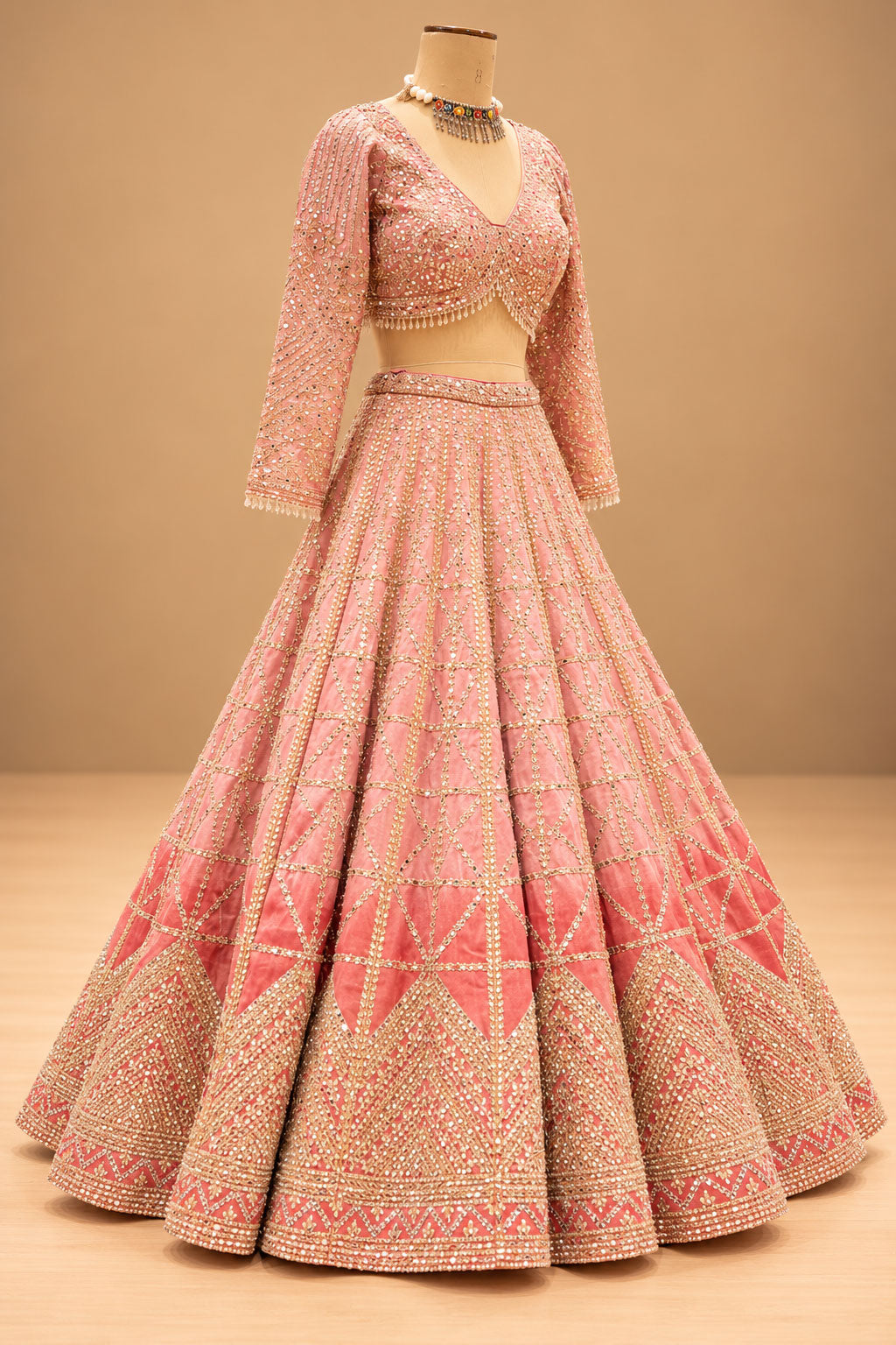 Premium Dusty Rose Pink Bridal Lehenga with Gold Geometric Embroidery and Embellished Dupatta – product image 5