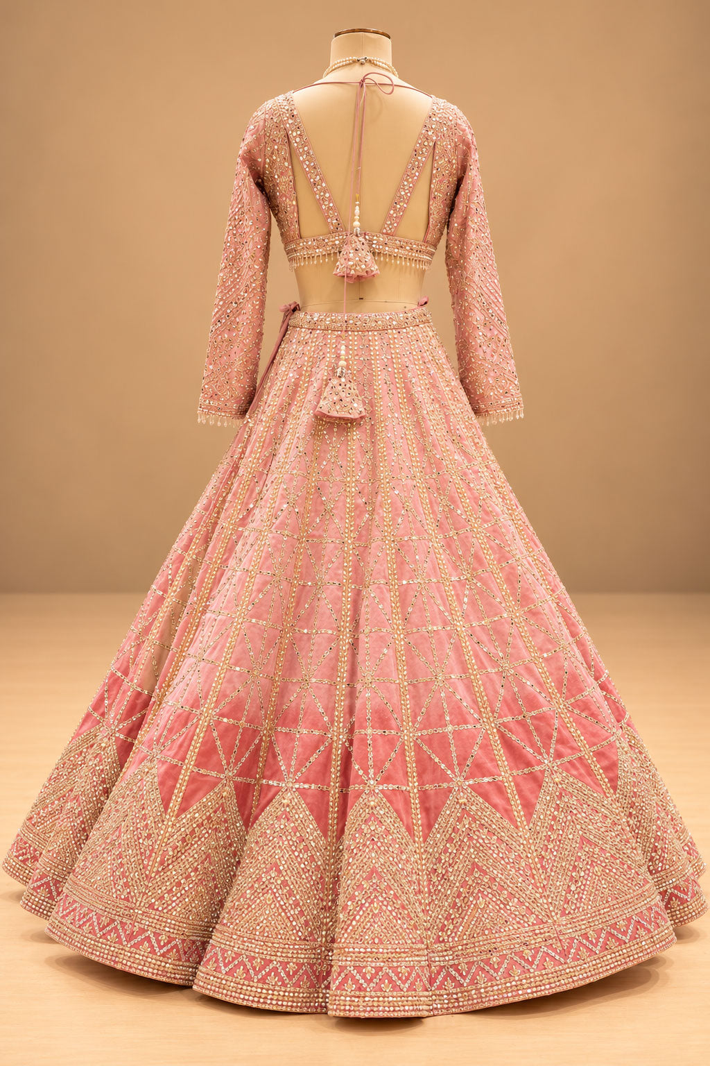 Premium Dusty Rose Pink Bridal Lehenga with Gold Geometric Embroidery and Embellished Dupatta – product image 6