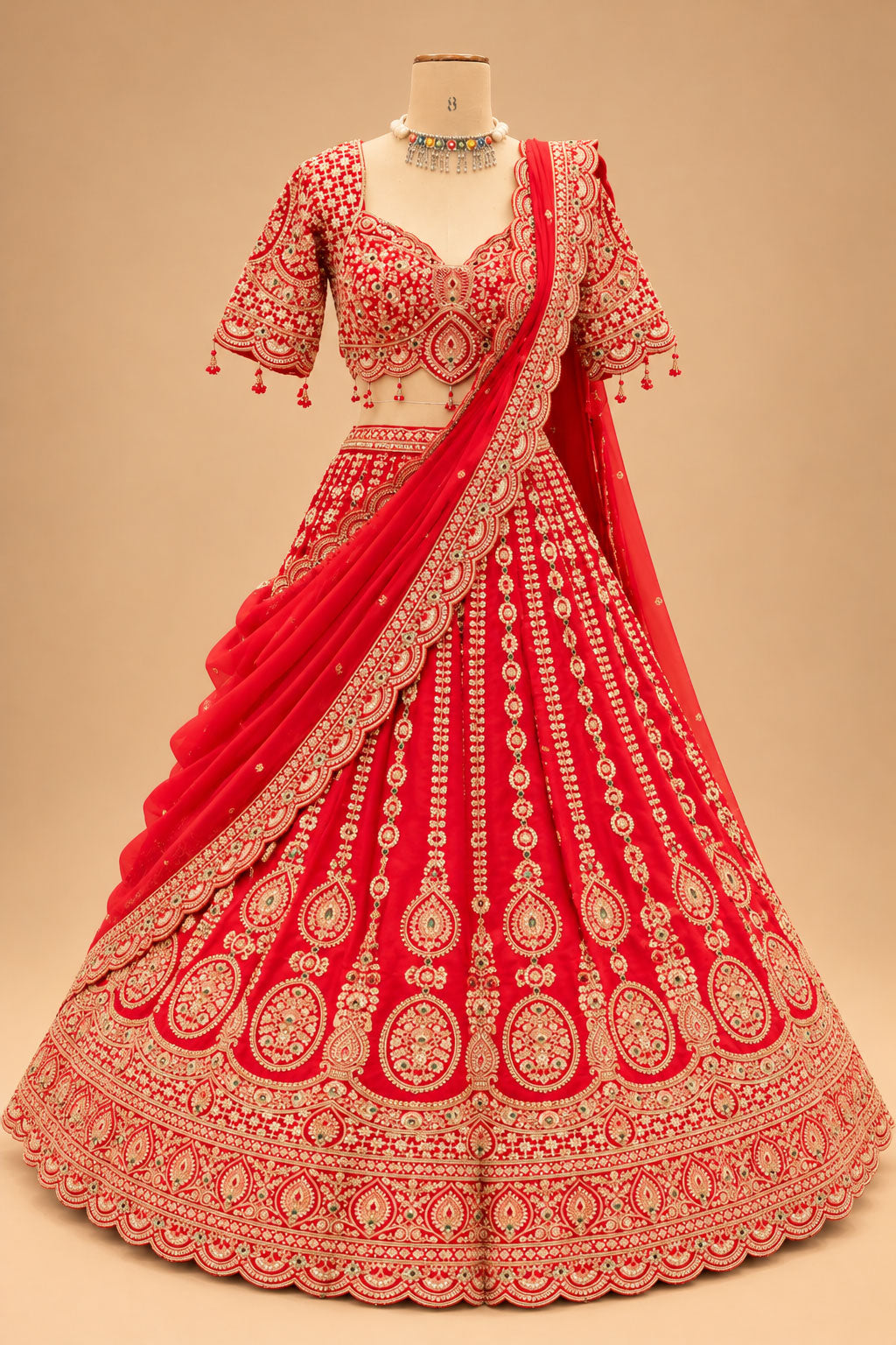 Luxury Bridal Red Lehenga with Intricate Gold Embroidery, Traditional Paisley Motifs and Designer Dupatta