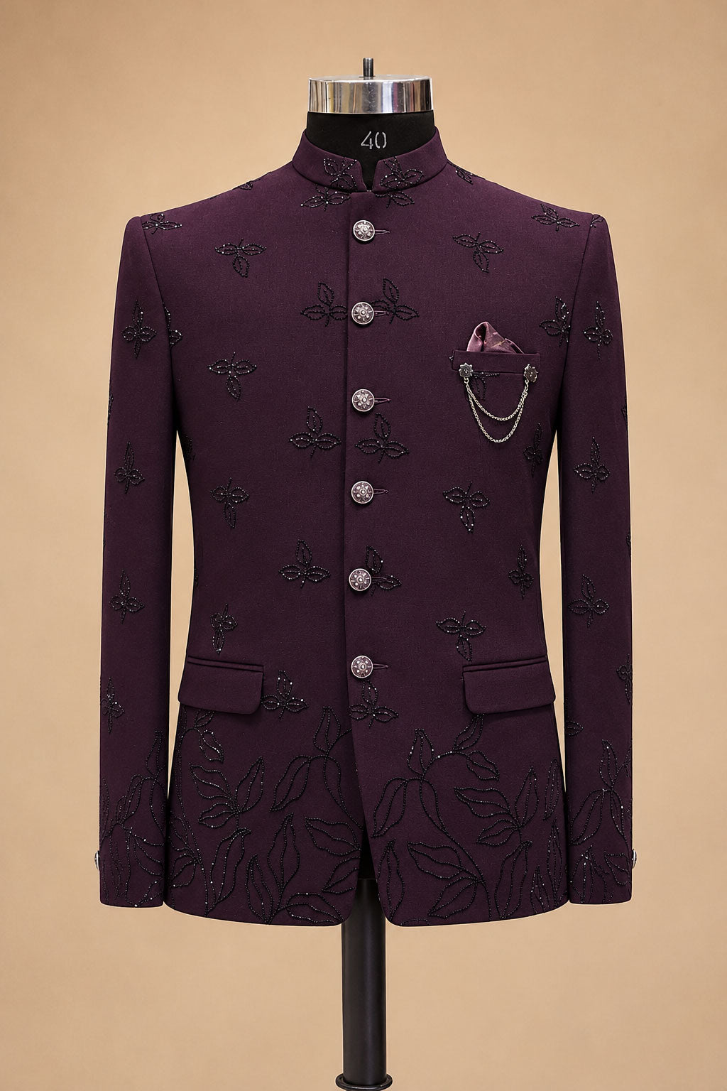 Men’s Plum Embroidered Indo-Western Bandhgala Suit with Matching Trousers