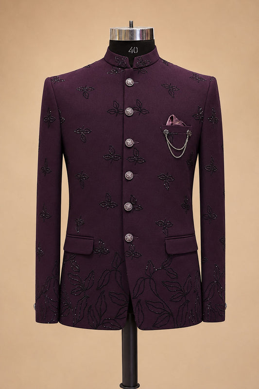 Men’s Plum Embroidered Indo-Western Bandhgala Suit with Matching Trousers