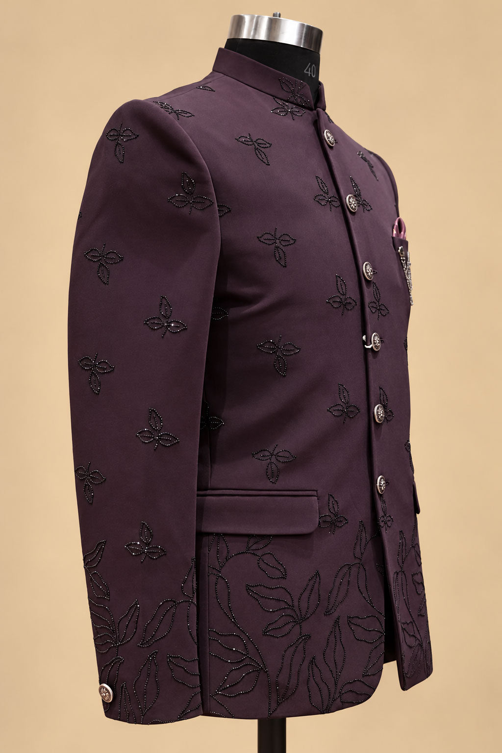 Men’s Plum Embroidered Indo-Western Bandhgala Suit with Matching Trousers