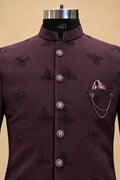 Men’s Plum Embroidered Indo-Western Bandhgala Suit with Matching Trousers