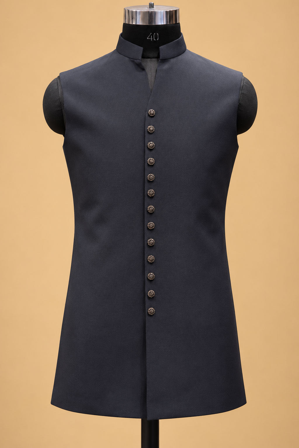 Men’s Navy Blue and Antique Gold Jacquard Indo-Western Sherwani Set with Traditional Motif Detailing