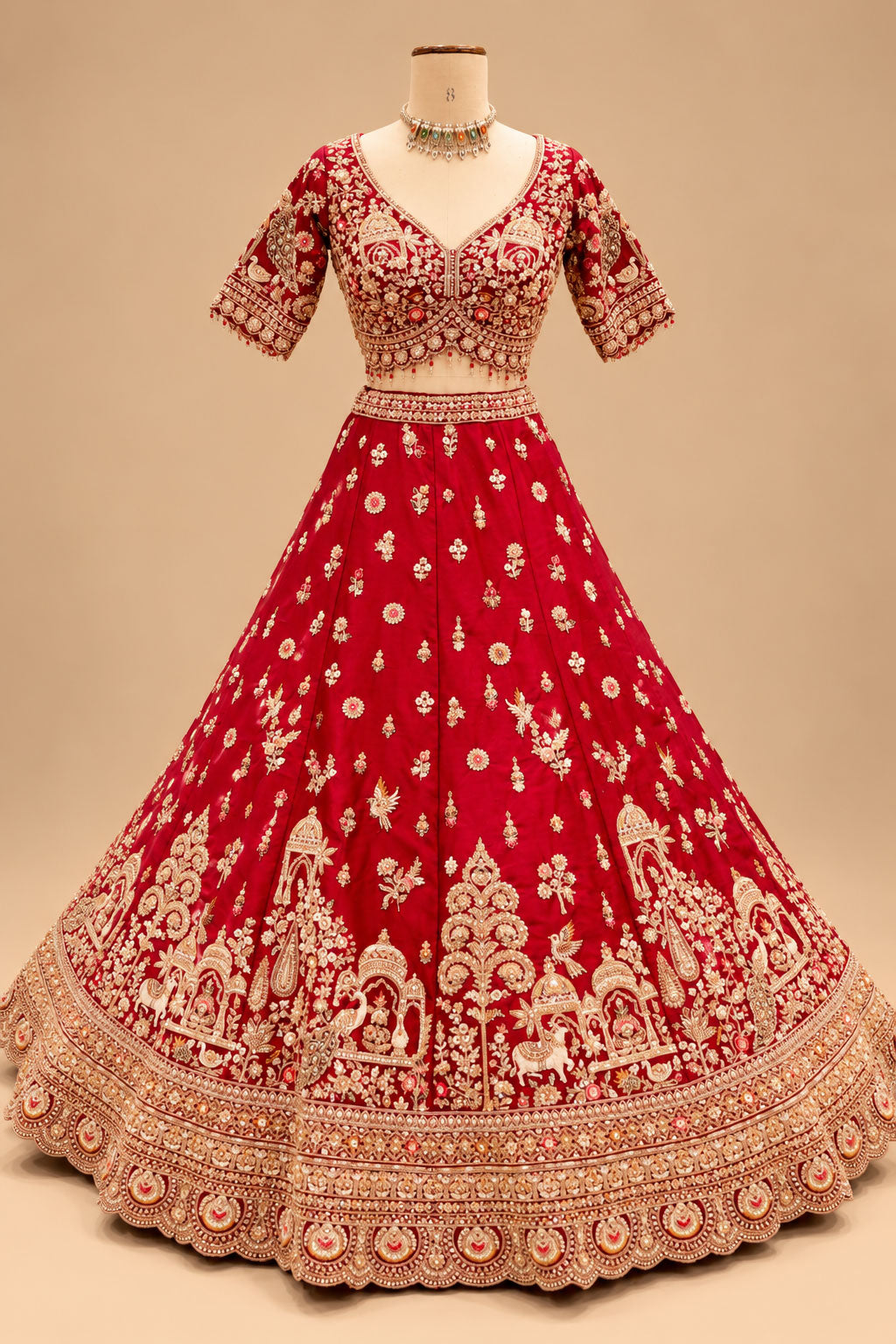 Luxury Red Bridal Lehenga with Intricate Gold Embroidery, Traditional Motifs and Designer Dupatta