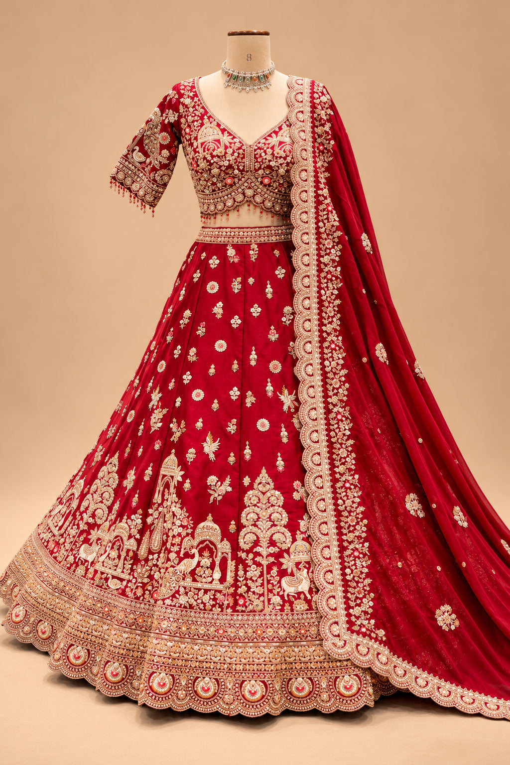 Luxury Red Bridal Lehenga with Intricate Gold Embroidery, Traditional Motifs and Designer Dupatta