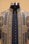 Men’s Navy Blue and Antique Gold Jacquard Indo-Western Sherwani Set with Traditional Motif Detailing