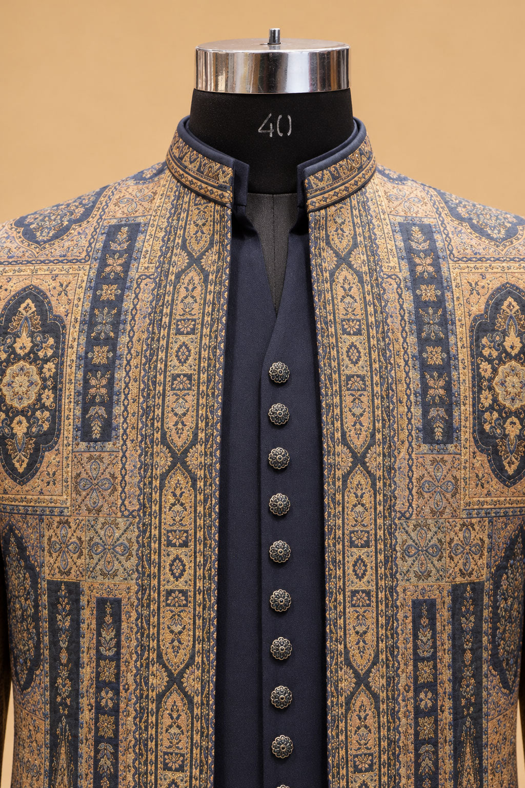 Men’s Navy Blue and Antique Gold Jacquard Indo-Western Sherwani Set with Traditional Motif Detailing