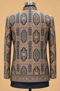 Men’s Navy Blue and Antique Gold Jacquard Indo-Western Sherwani Set with Traditional Motif Detailing