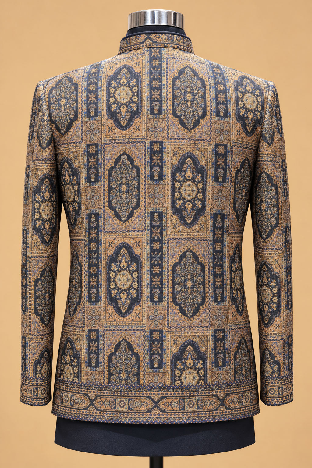 Men’s Navy Blue and Antique Gold Jacquard Indo-Western Sherwani Set with Traditional Motif Detailing