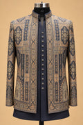 Men’s Navy Blue and Antique Gold Jacquard Indo-Western Sherwani Set with Traditional Motif Detailing
