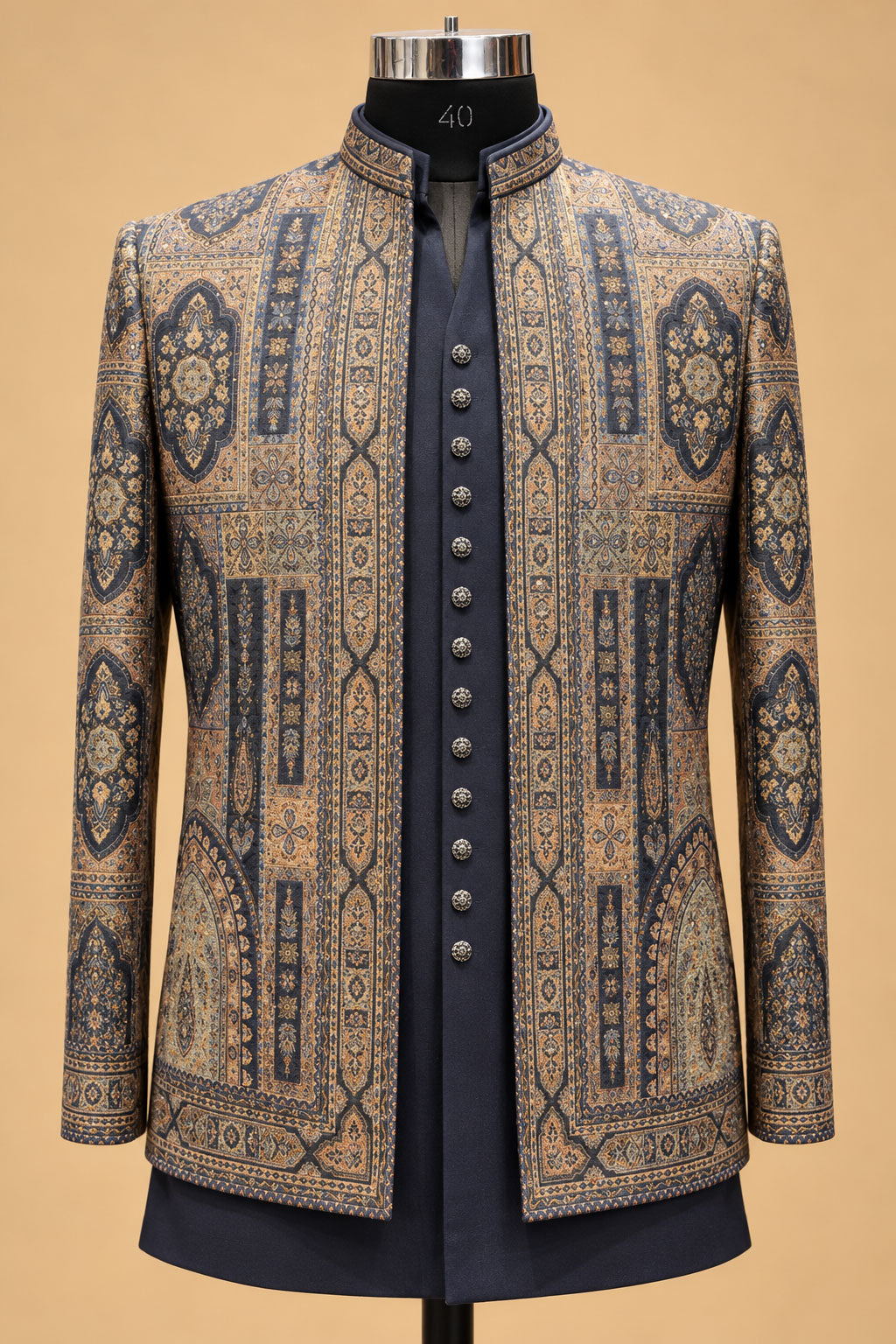 Men’s Navy Blue and Antique Gold Jacquard Indo-Western Sherwani Set with Traditional Motif Detailing