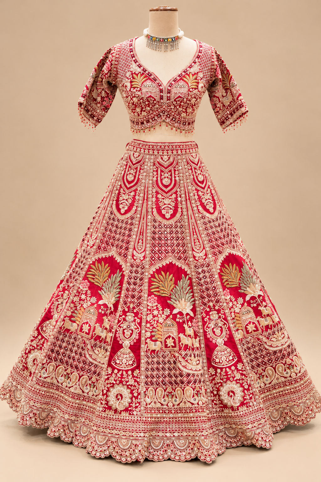 Premium Red Bridal Lehenga with Gold Embroidery, Multicolour Floral Motifs and Heavy Embroidered Dupatta