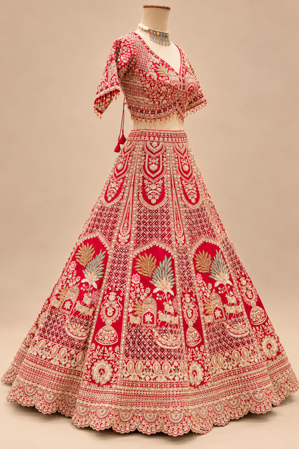 Premium Red Bridal Lehenga with Gold Embroidery, Multicolour Floral Motifs and Heavy Embroidered Dupatta
