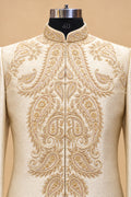 Men’s Royal Ivory and Gold Embroidered Sherwani Set with Dupatta and Dhoti Pants