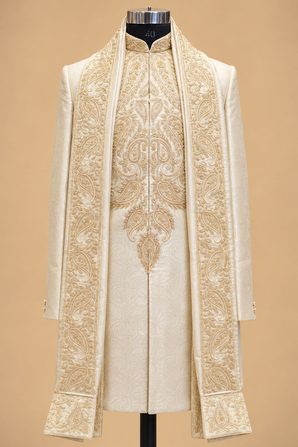Men’s Royal Ivory and Gold Embroidered Sherwani Set with Dupatta and Dhoti Pants
