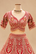 Premium Red Bridal Lehenga with Gold Embroidery, Multicolour Floral Motifs and Heavy Embroidered Dupatta