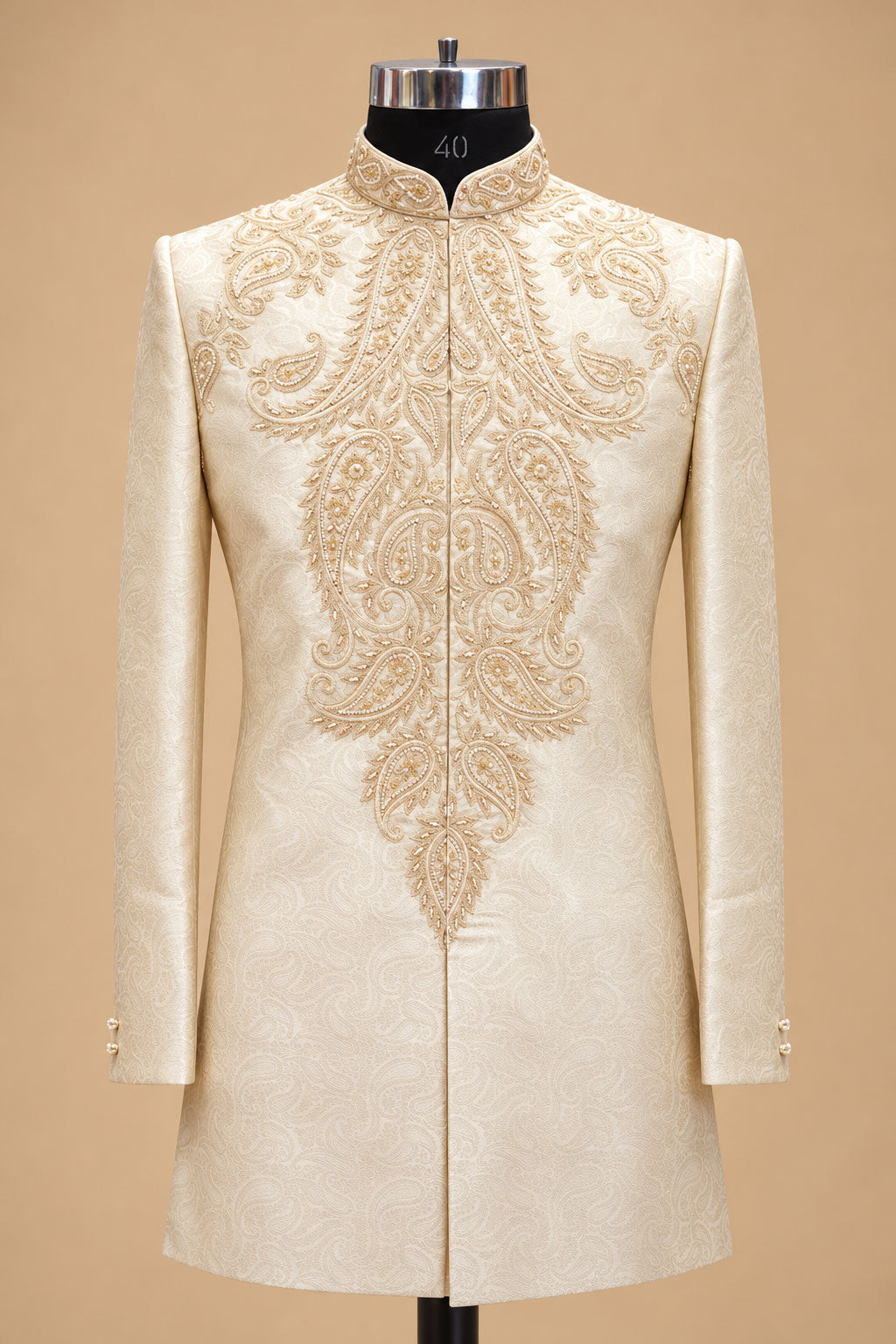 Men’s Royal Ivory and Gold Embroidered Sherwani Set with Dupatta and Dhoti Pants