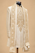 Men’s Royal Ivory and Gold Embroidered Sherwani Set with Dupatta and Dhoti Pants