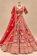 Premium Red Bridal Lehenga with Gold Embroidery, Multicolour Floral Motifs and Heavy Embroidered Dupatta