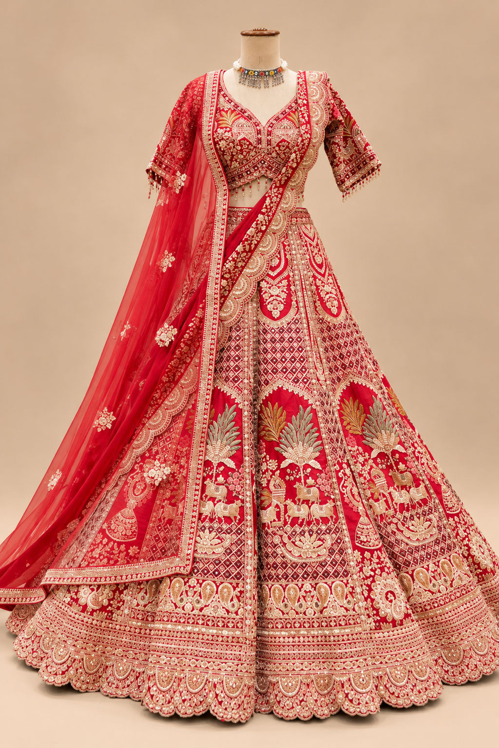 Premium Red Bridal Lehenga with Gold Embroidery, Multicolour Floral Motifs and Heavy Embroidered Dupatta