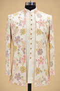 Men’s Ivory Floral Embroidered Indo-Western Sherwani Set with Pastel Multicolor Detailing
