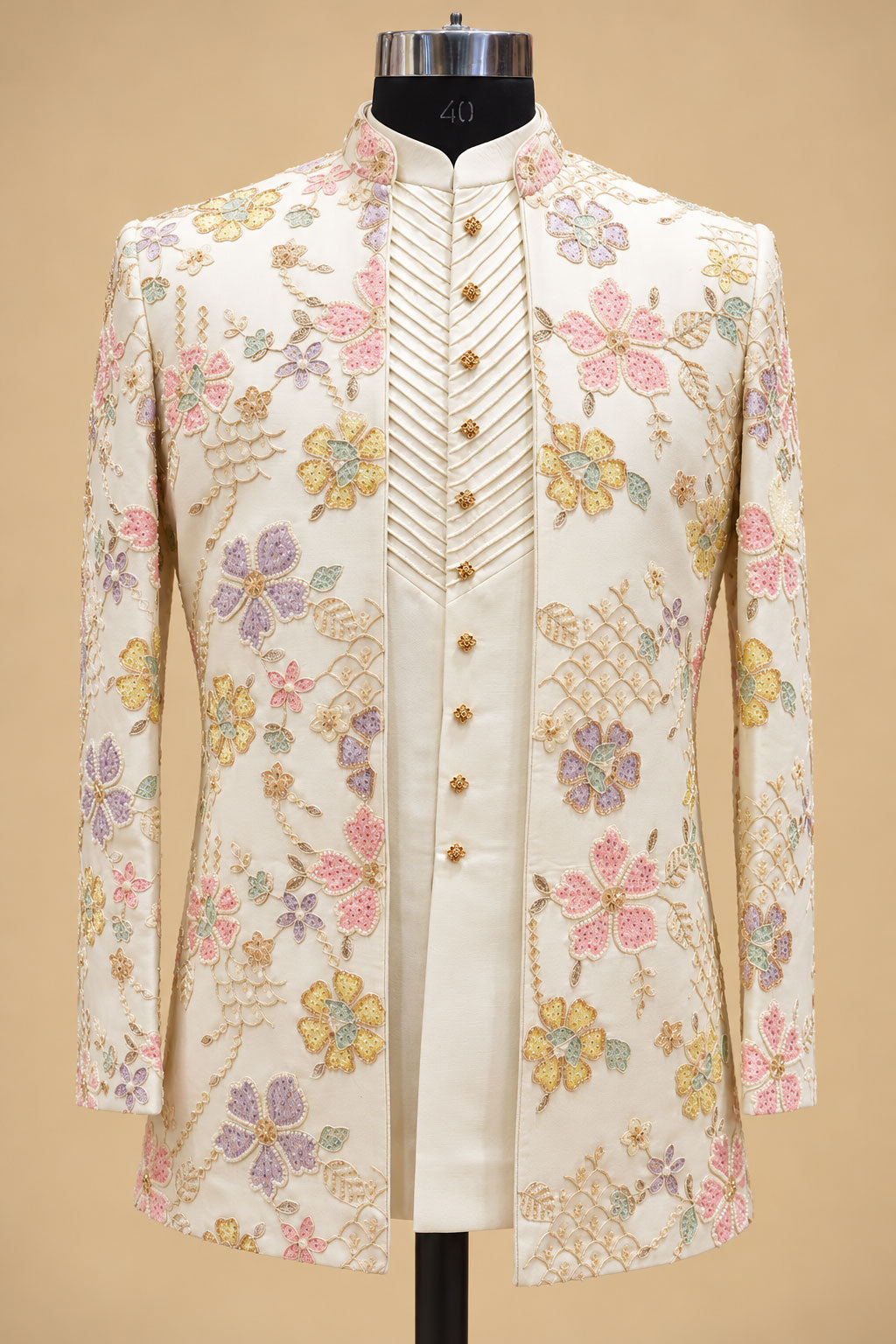 Men’s Ivory Floral Embroidered Indo-Western Sherwani Set with Pastel Multicolor Detailing