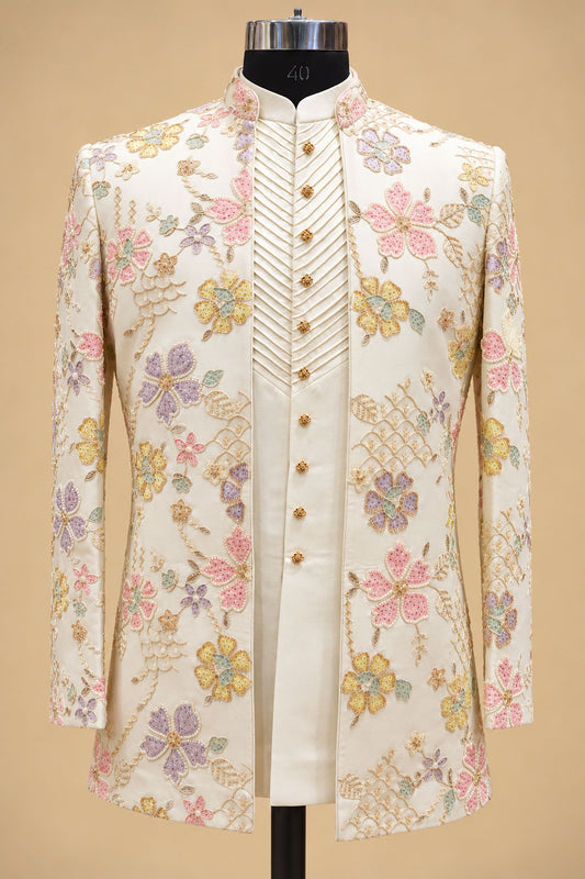 Men’s Ivory Floral Embroidered Indo-Western Sherwani Set with Pastel Multicolor Detailing