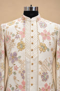 Men’s Ivory Floral Embroidered Indo-Western Sherwani Set with Pastel Multicolor Detailing