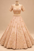 Premium Blush Peach Bridal Lehenga with Intricate Floral Embroidery, Peacock Motifs and Embellished Dupatta