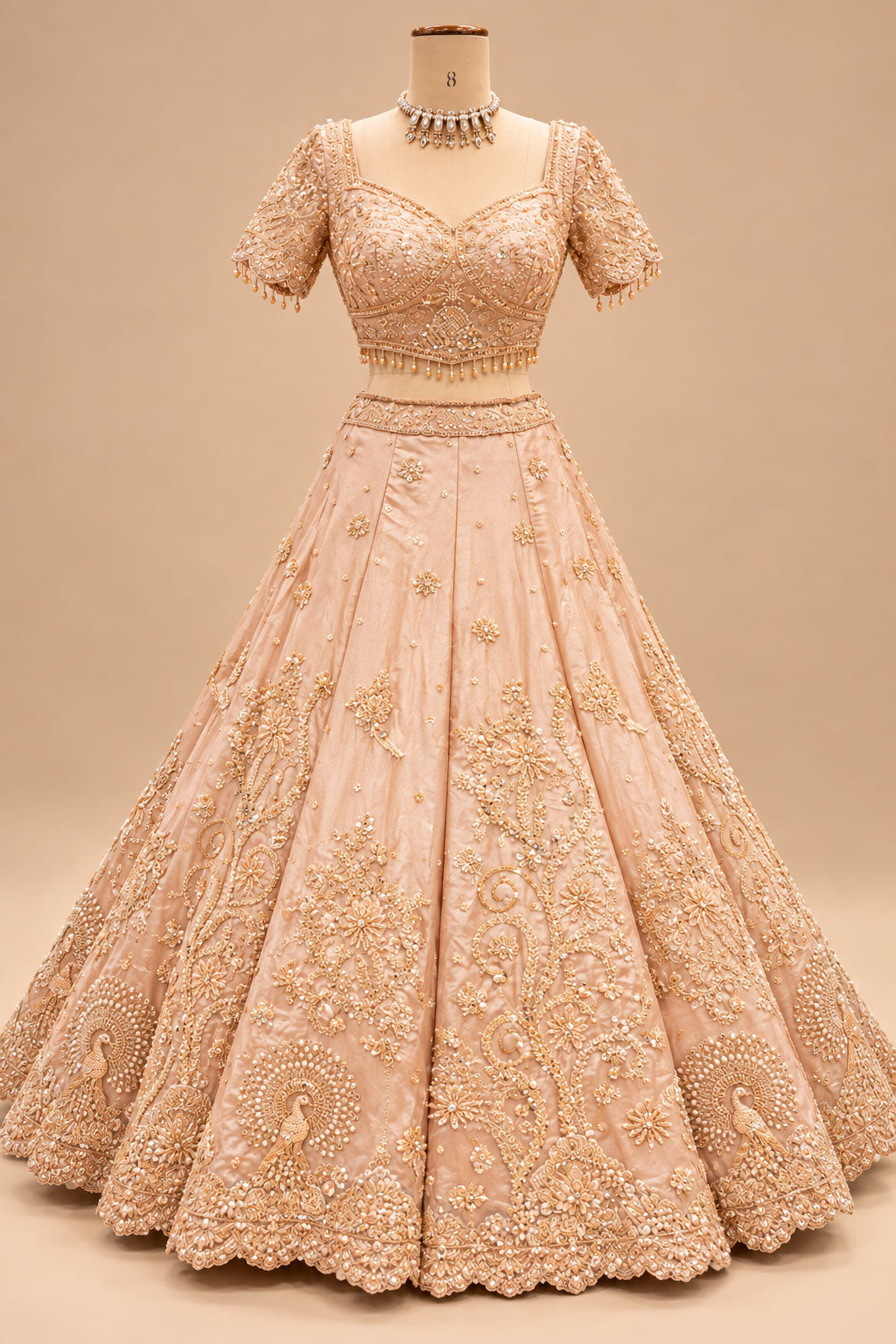 Premium Blush Peach Bridal Lehenga with Intricate Floral Embroidery, Peacock Motifs and Embellished Dupatta