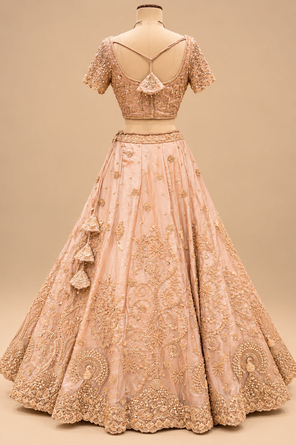 Premium Blush Peach Bridal Lehenga with Intricate Floral Embroidery, Peacock Motifs and Embellished Dupatta