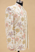 Men’s Ivory Floral Embroidered Indo-Western Sherwani Set with Pastel Multicolor Detailing