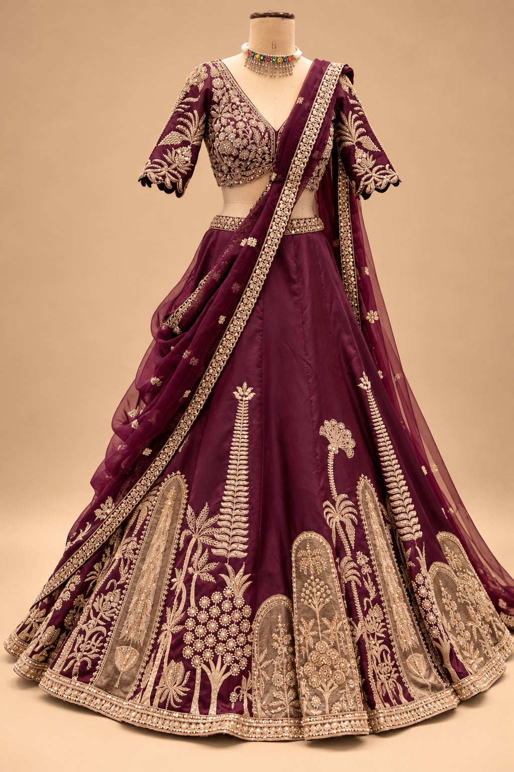 Premium Wine Plum Bridal Lehenga with Intricate Gold Embroidery, Designer Blouse and Embellished Dupatta