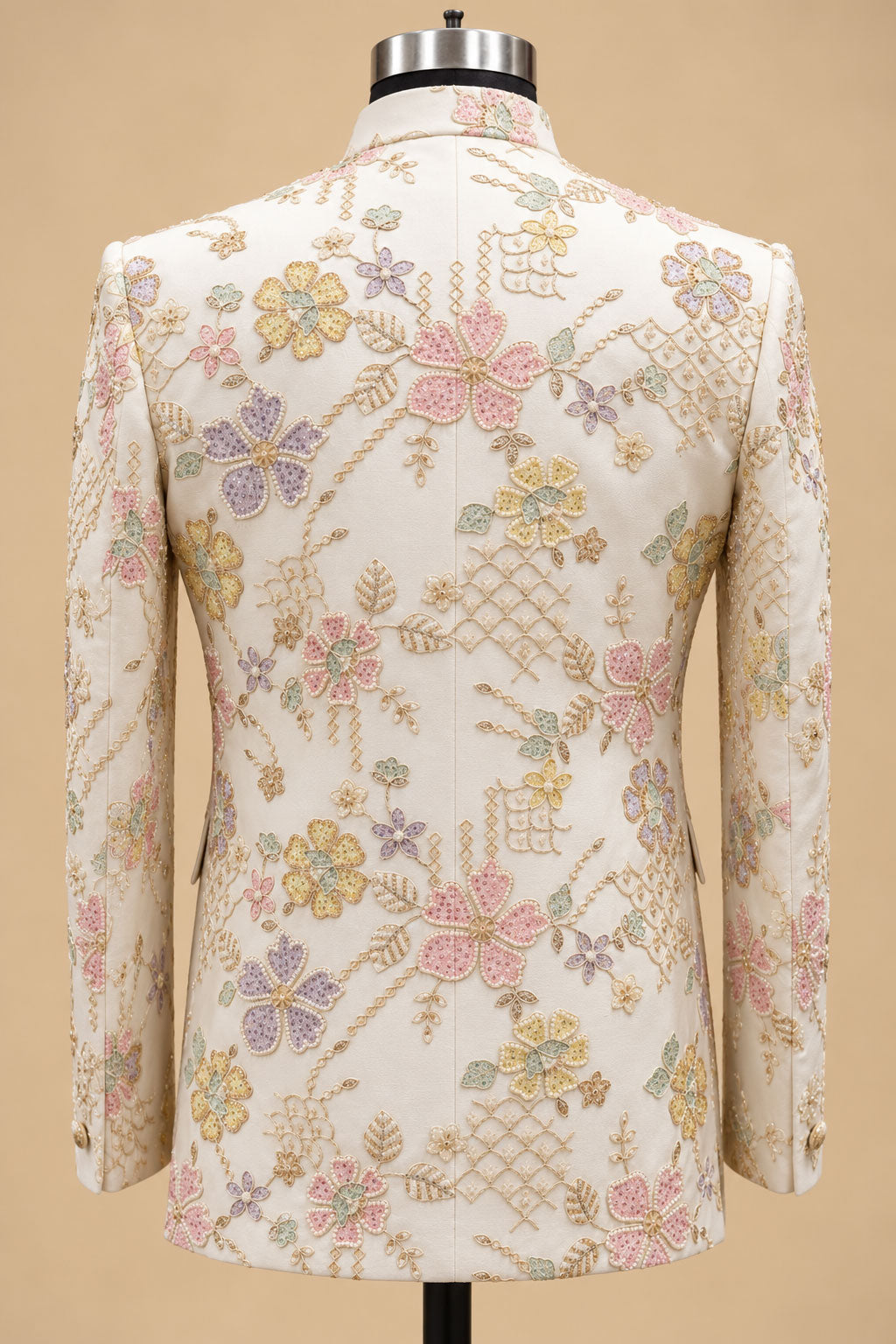 Men’s Ivory Floral Embroidered Indo-Western Sherwani Set with Pastel Multicolor Detailing