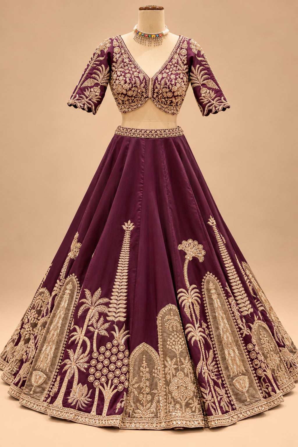 Premium Wine Plum Bridal Lehenga with Intricate Gold Embroidery, Designer Blouse and Embellished Dupatta