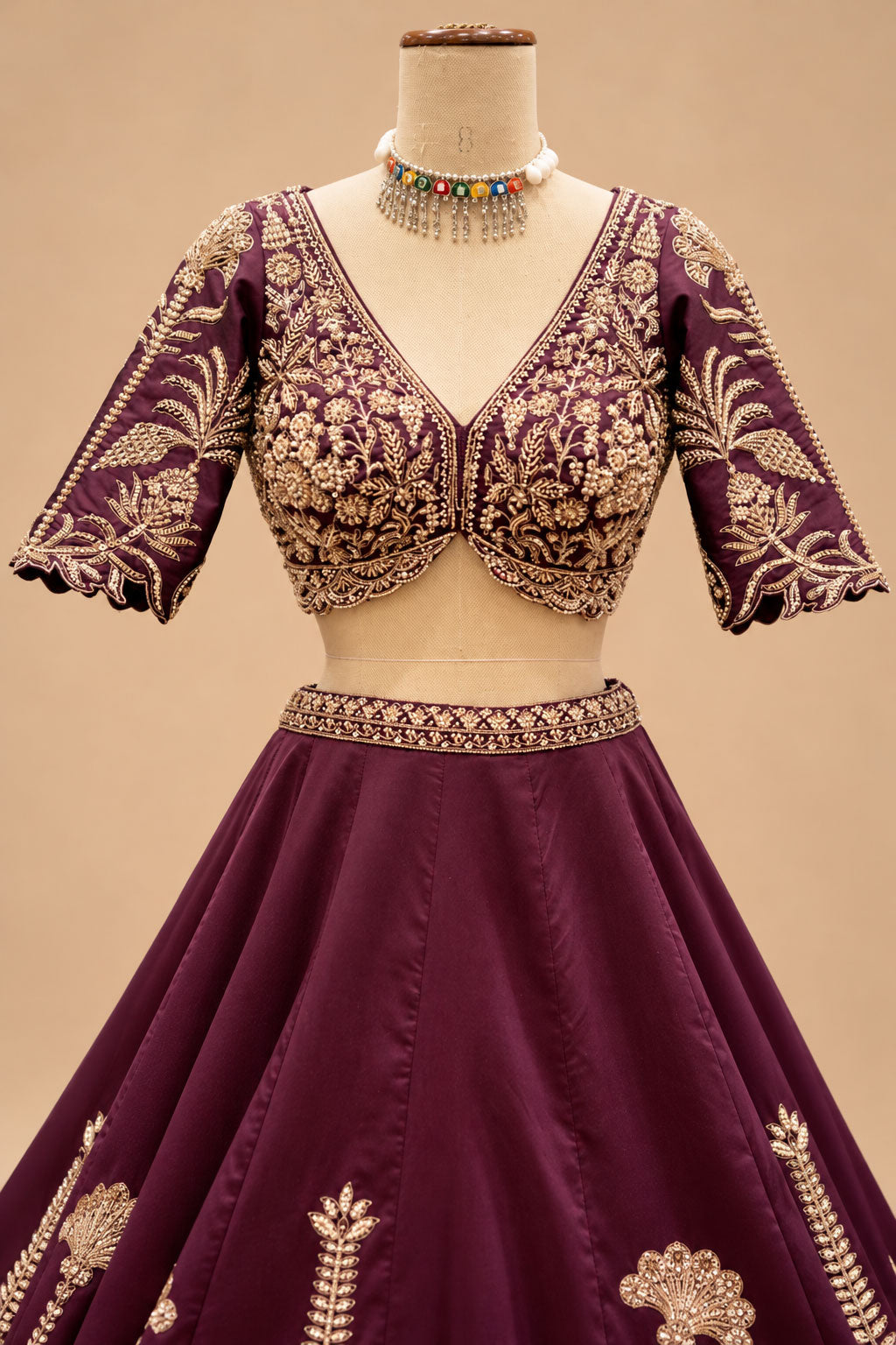Premium Wine Plum Bridal Lehenga with Intricate Gold Embroidery, Designer Blouse and Embellished Dupatta