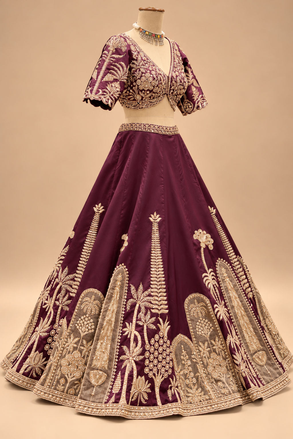 Premium Wine Plum Bridal Lehenga with Intricate Gold Embroidery, Designer Blouse and Embellished Dupatta