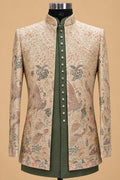 Beige embroidered sherwani jacket with contrasting olive green kurta